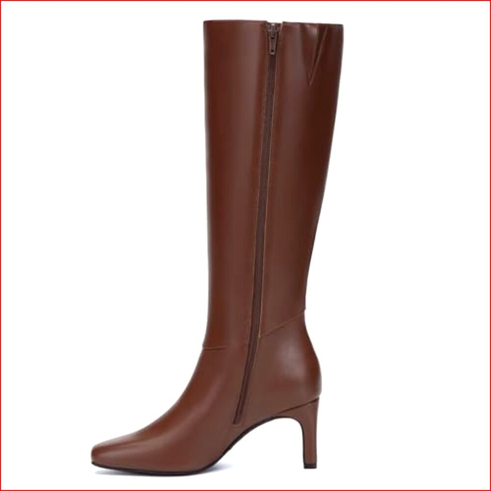 PU Leather Knee High Boots Square Toe Chunky Heel Side Zipper - Picture 4 of 7